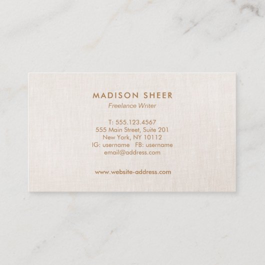 Eenvoudig modern, licht beige Linen Professional Visitekaartje (Achterkant)