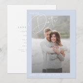 Eenvoudig modern lichtblauw en wit fotohuwelijk save the date (Voorkant / Achterkant)