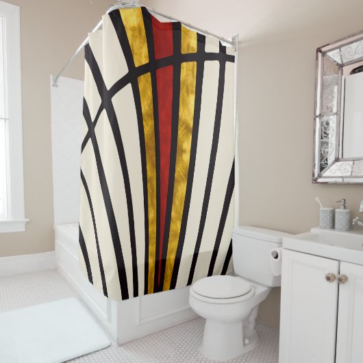 Eenvoudig, modern, lijnen, goud, rood, room douchegordijn (In situ)