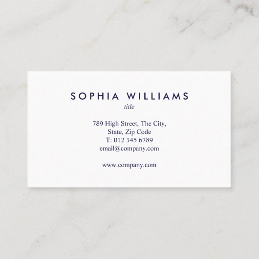 Eenvoudig modern marineblauw en wit professioneel visitekaartje (Achterkant)