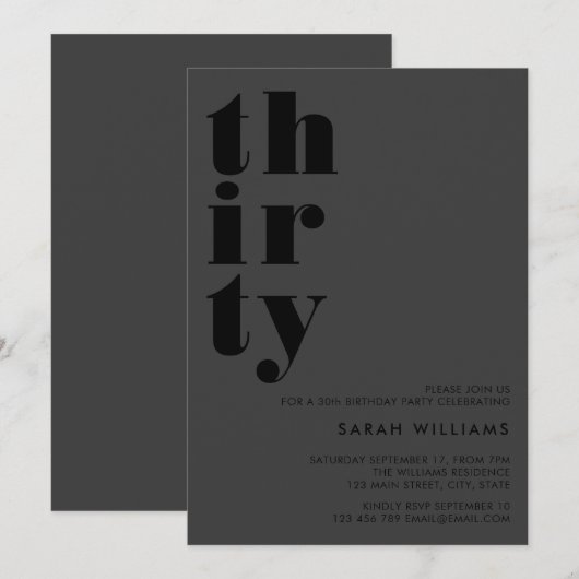 Eenvoudig Modern Mat Zwart 30e Verjaardag Kaart (Voorkant / Achterkant)