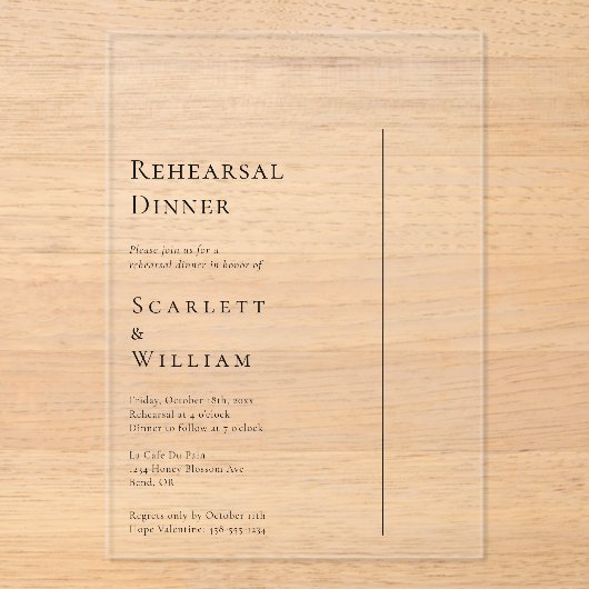 Eenvoudig Modern Minimaal Bruiloft repetitie diner Acryl Uitnodigingen (Voorkant)