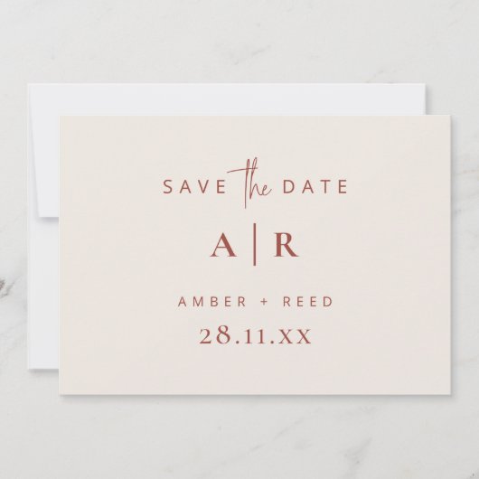 Eenvoudig modern, minimaal bruiloft, terracotta sc save the date (Voorkant)