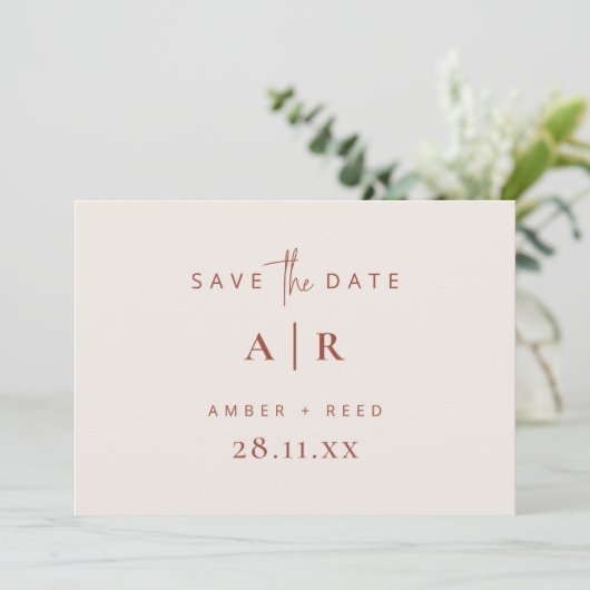 Eenvoudig modern, minimaal bruiloft, terracotta sc save the date (Staand voorkant)