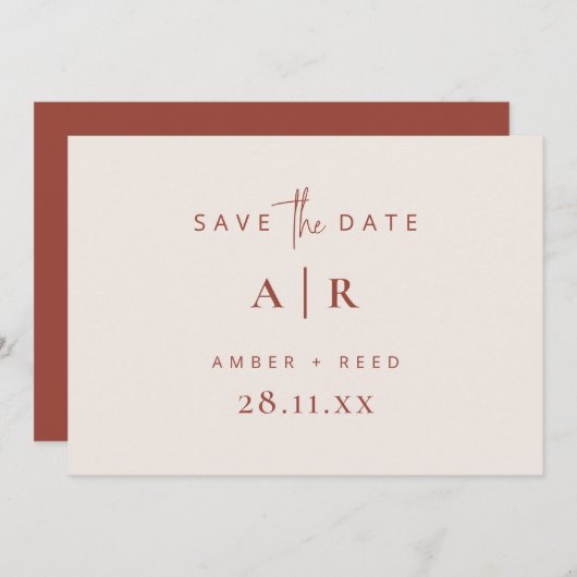 Eenvoudig modern, minimaal bruiloft, terracotta sc save the date (Voorkant / Achterkant)