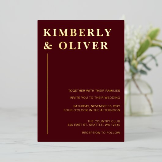 Eenvoudig modern minimaal huwelijk met Bourgogne Folie Uitnodiging (Staand Voorkant)