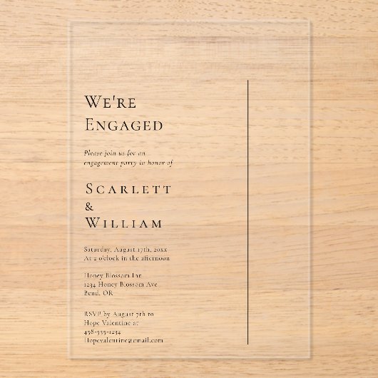 Eenvoudig Modern Minimaal We Zijn Engaged Acryl Uitnodigingen (Voorkant)