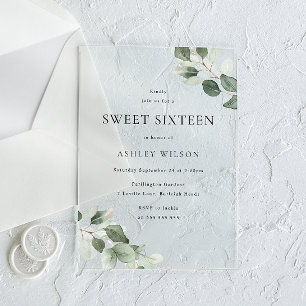 Eenvoudig Modern Minimal Green Leaf Sweet 16 Party Acryl Uitnodigingen