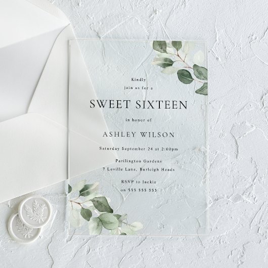 Eenvoudig Modern Minimal Green Leaf Sweet 16 Party Acryl Uitnodigingen