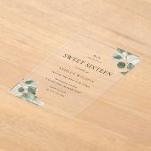 Eenvoudig Modern Minimal Green Leaf Sweet 16 Party Acryl Uitnodigingen (Laagn)