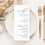 Eenvoudig Modern Minimalist Calligraphy Wedding Menu<br><div class="desc">Dit Simple Modern Minimalist Calligraphy Wedding Menu is perfect voor elke formele gelegenheid, zoals een bruiloft, een repetitief diner of een verlovingsfeest. Het ontwerp is voorzien van een zwart-wit kleurenschema met een moderne en minimalistische aanraking. Het menu is eenvoudig en minimalistisch, die het voor gasten gemakkelijk maken om hun maaltijdopties...</div>