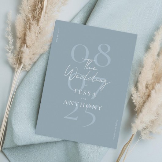 Eenvoudig modern minimalistisch mosterdblauw huwel save the date