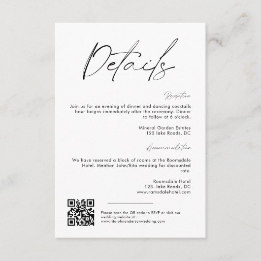 Eenvoudig Modern Minimalistisch Script Trouwdetail Informatiekaartje (Voorkant)