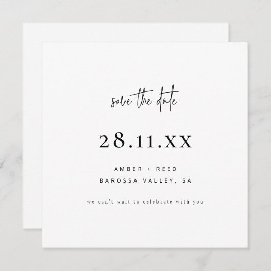 Eenvoudig modern, minimalistisch zwart vierkant sc save the date (Voorkant / Achterkant)