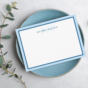Eenvoudig modern monogram blauwe tweetonige rand  notitiekaartje