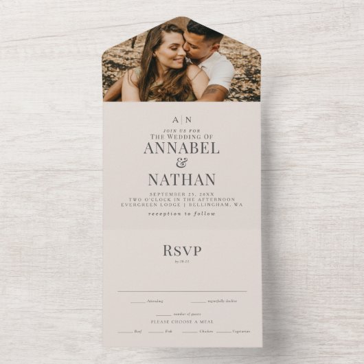 Eenvoudig modern monogram en fotohuwelijk all in one uitnodiging (Binnen)