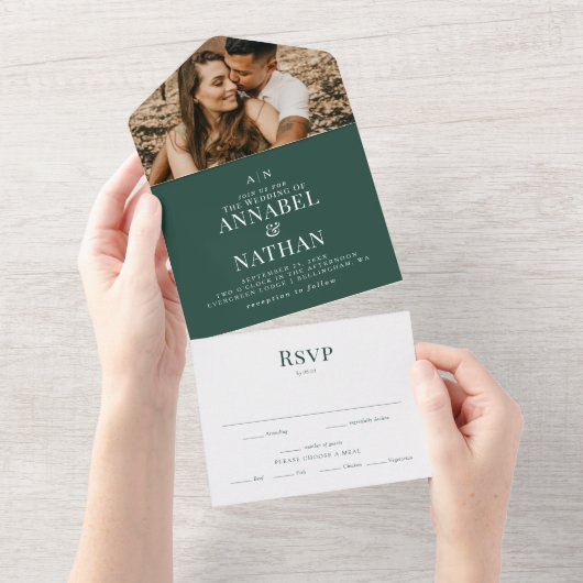 Eenvoudig modern monogram en groen fotobos all in one uitnodiging (Afscheurbaar)