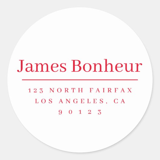 Eenvoudig modern naam- en retouradres | Wit en roo Ronde Sticker (Voorkant)