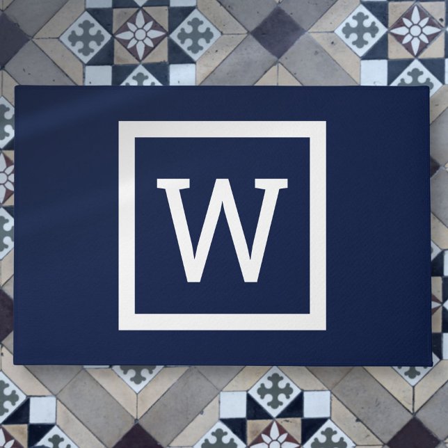 Eenvoudig modern navyblauw grafisch randmonogram deurmat (Simple Modern Navy Blue Graphic Border Monogram Doormat)