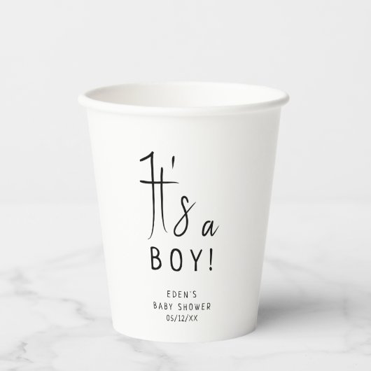 Eenvoudig modern neutraal Het is een jongen! Baby Papieren Bekers (Voorkant)
