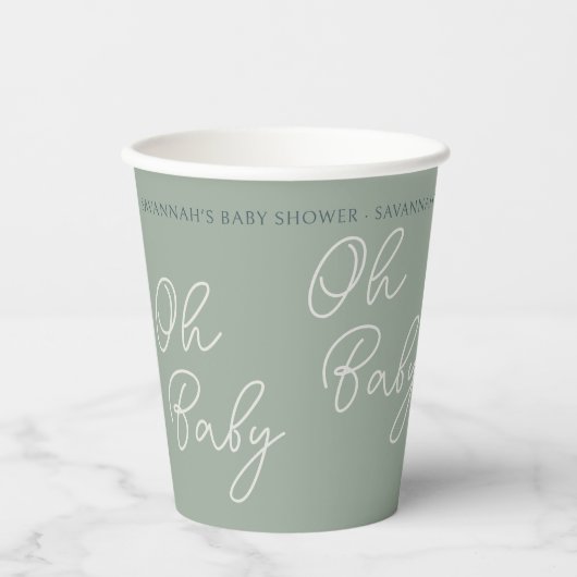 Eenvoudig Modern Oh Baby Script Sage Green Shower Papieren Bekers (Voorkant)