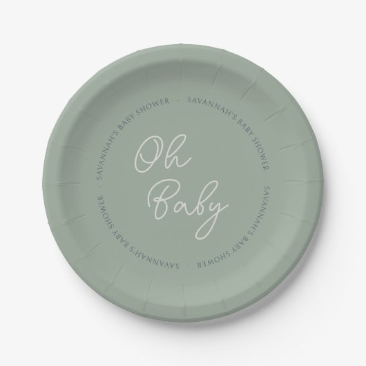 Eenvoudig Modern Oh Baby Script Sage Green Shower Papieren Bordje (Voorkant)