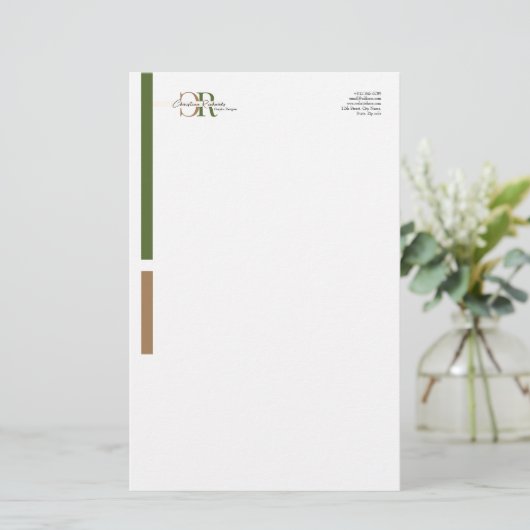 Eenvoudig Modern Olijfgroen Goud Monogram Briefpapier (Staand voorkant)