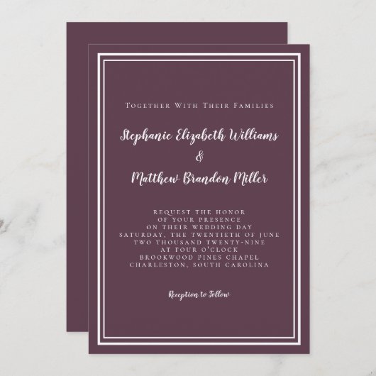 Eenvoudig modern Paars Plum Wedding Minimalist Kaart (Voorkant / Achterkant)