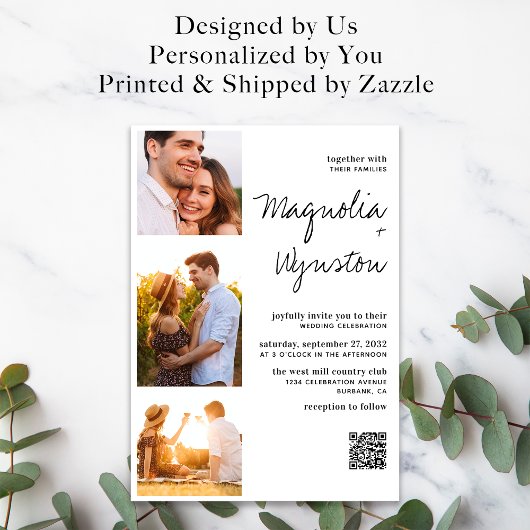 Eenvoudig modern QR Code 3 Fotohuwelijk Kaart