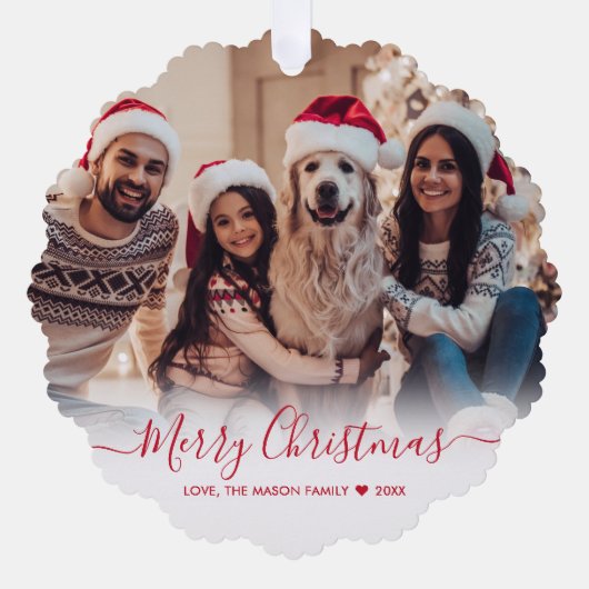 Eenvoudig Modern Rood Script 2 Foto Kerstmis Ornament Kaart (Voorkant)