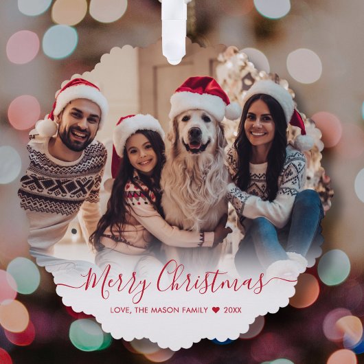 Eenvoudig Modern Rood Script 2 Foto Kerstmis Ornament Kaart