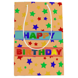 Eenvoudig Modern rood ster kleurrijk verjaardagsfe Medium Cadeauzakje