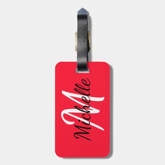 Eenvoudig Modern Rood & Wit Monogram Bagagelabel (Achterkant verticaal)