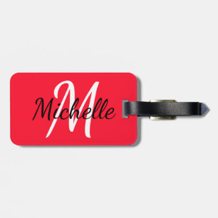 Eenvoudig Modern Rood & Wit Monogram Bagagelabel