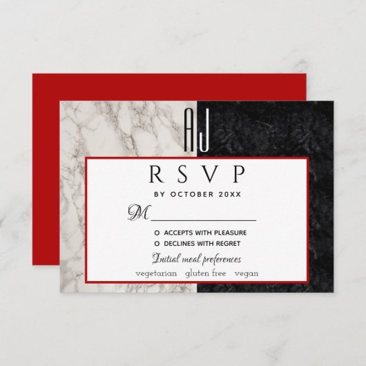 Eenvoudig modern rood zwart en wit marmer bruiloft RSVP kaartje (Voorkant / Achterkant)