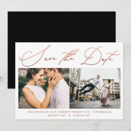 Eenvoudig, modern Roos Gold Script Photo Black Save The Date
