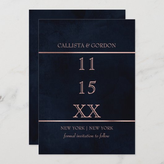 Eenvoudig modern roosgoud marineblauw aquarel save the date (Voorkant / Achterkant)