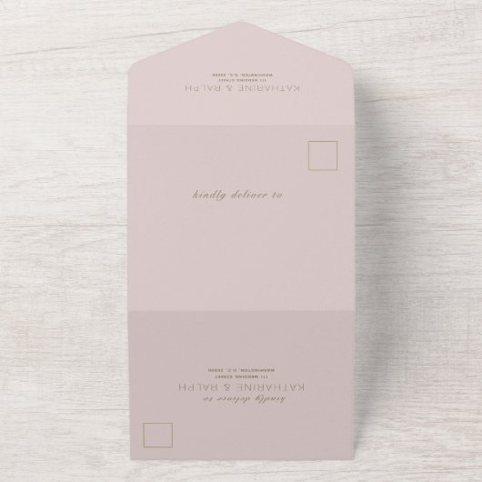 Eenvoudig modern roze beige bruiloft all in one uitnodiging (Buitenkant)
