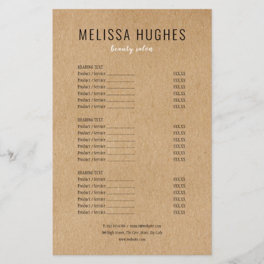 Eenvoudig Modern Rustiek Kraft Salon Service Menu (Voorkant)