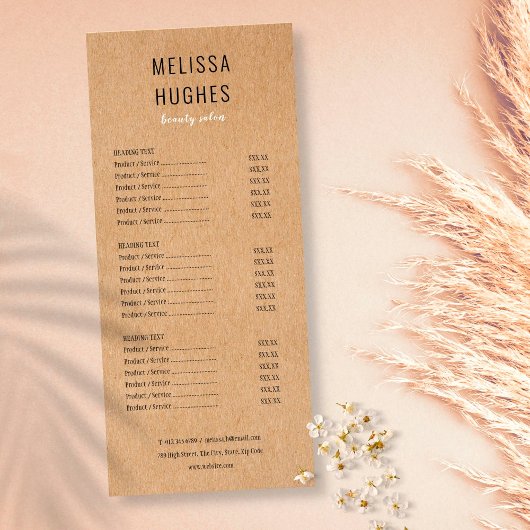 Eenvoudig Modern Rustiek Kraft Salon Service Menu