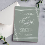 Eenvoudig Modern Sage Groen 50ste Verjaardagsfeest Kaart<br><div class="desc">Eenvoudig en elegant met eigentijdse flair, deze verjaardagsfeestuitnodiging heeft witte hoekige lijnen die jouw tekst omlijsten over een trendy wijze groene achtergrond. De tekst "je bent uitgenodigd" in mooie scriptflorishes is bewust prominent aanwezig om je genodigde gasten een speciaal gevoel te geven. Bewerk de partijgegevens met uw gegevens. Hier weergegeven...</div>