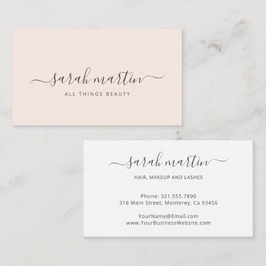 Eenvoudig modern schoonheidssalon Blush Pink Elega Visitekaartje (Voorkant / Achterkant)