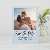 Eenvoudig modern schrift Stofblauw chic foto Save The Date (Staand voorkant)
