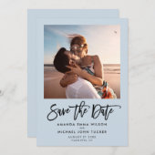 Eenvoudig modern schrift Stofblauwe chic foto Save The Date (Voorkant / Achterkant)