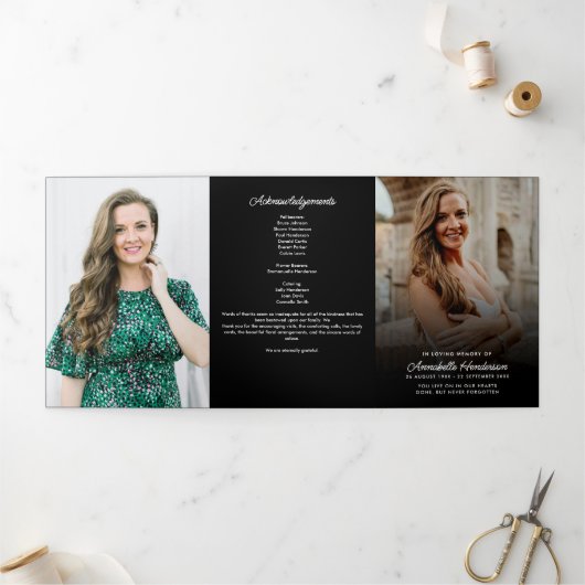 Eenvoudig Modern Script Black Funeral / Memorial Drieluik Programma (Buitenkant)