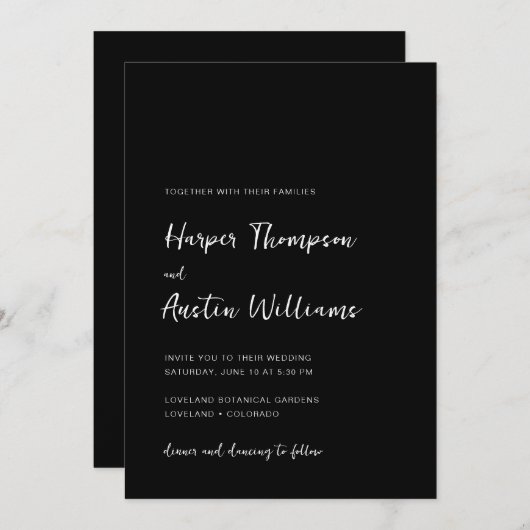 Eenvoudig modern Script Black Wedding Kaart (Voorkant / Achterkant)