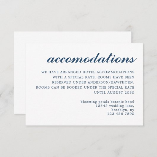 Eenvoudig Modern Script Bruiloftsaccommodatie Blau Informatiekaartje (Voorkant / Achterkant)