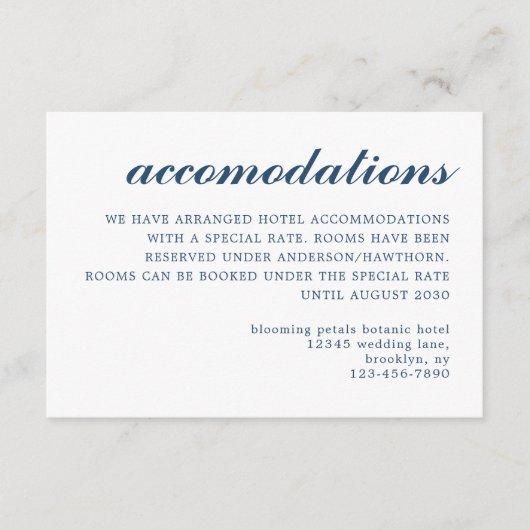 Eenvoudig Modern Script Bruiloftsaccommodatie Blau Informatiekaartje (Voorkant)