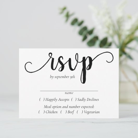 Eenvoudig modern script | Classic Black Event Entr RSVP Kaartje (Staand voorkant)