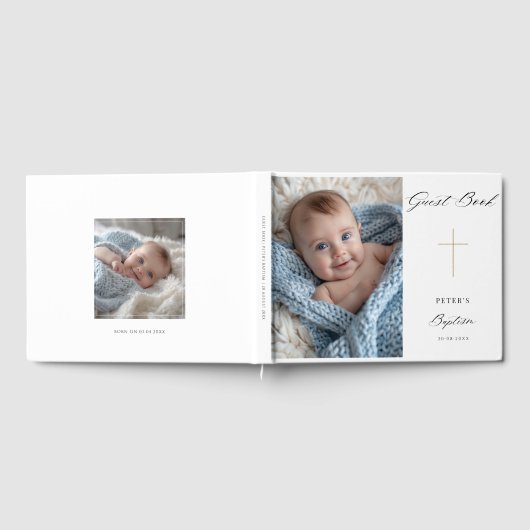 Eenvoudig Modern Script Cross Gold Baptism Foto Gastenboek (Volledig)